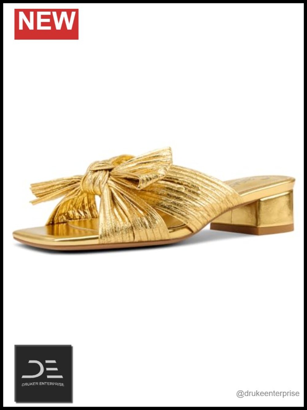 Women's Pleated Bow Knot Low Chunky Block Heels Slip-on Open Square Toe Mules